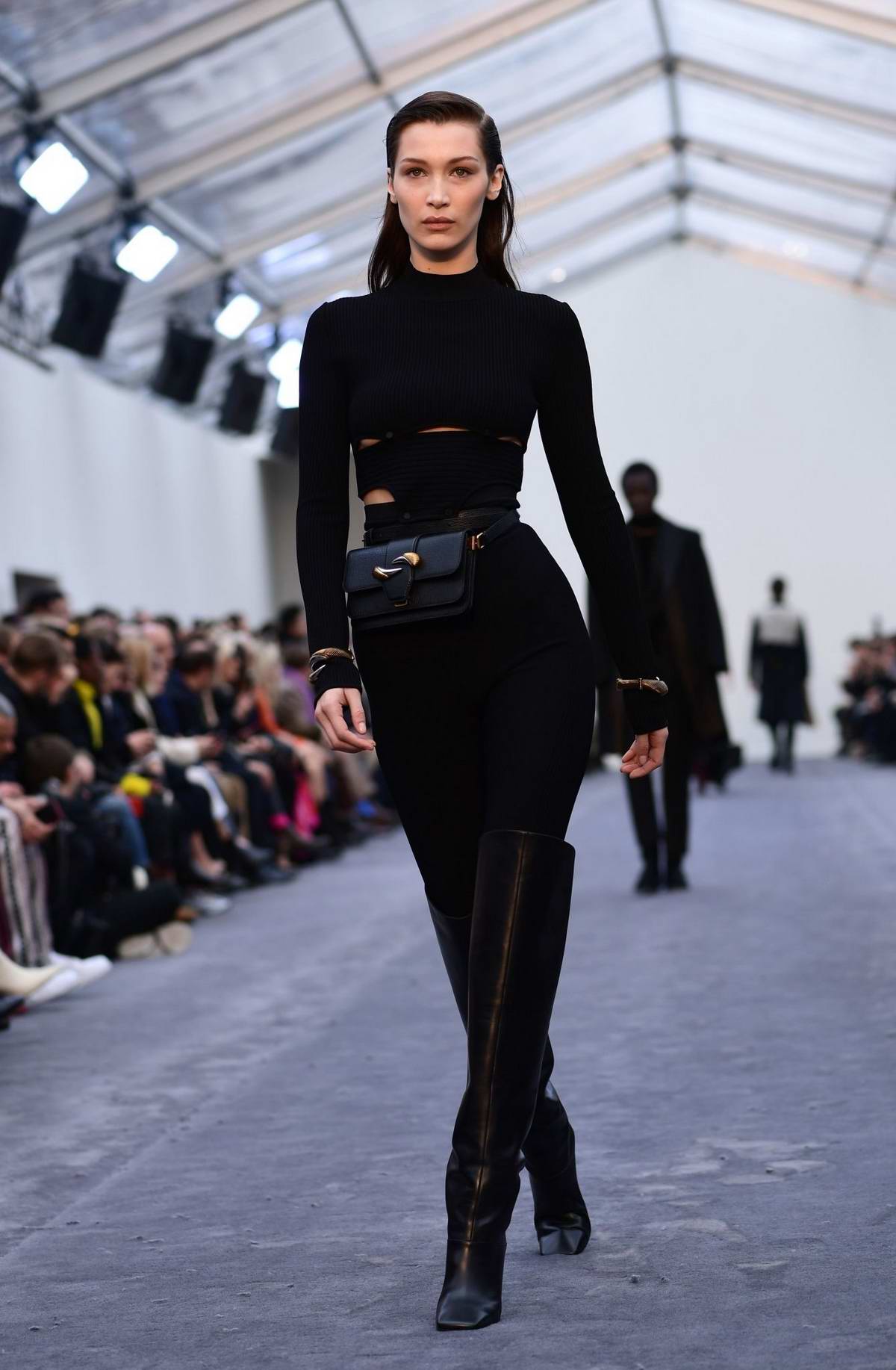 bella hadid walks the runway at the roberto cavalli fashion show during