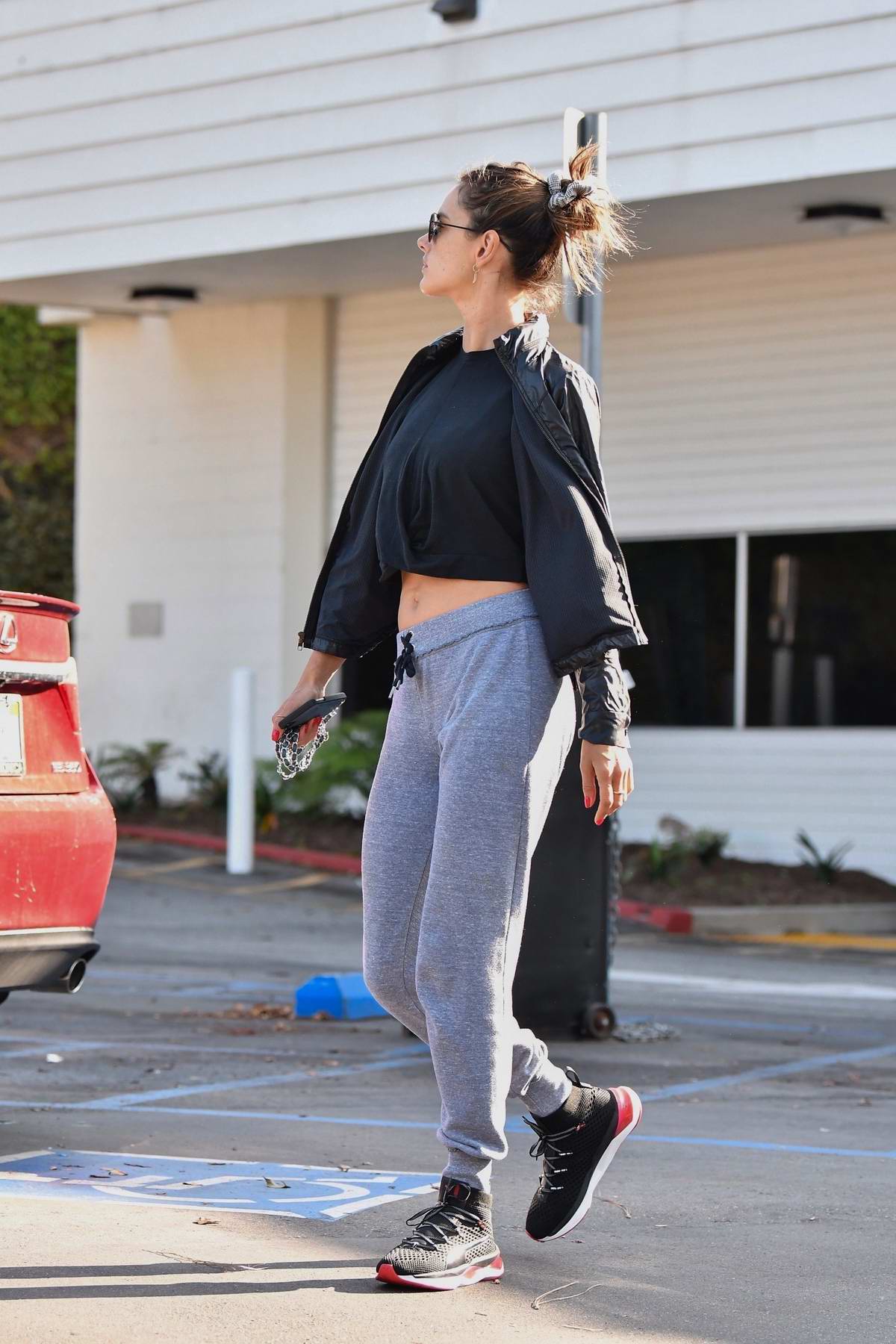 alessandra ambrosio shows off her toned abs in a black crop top while