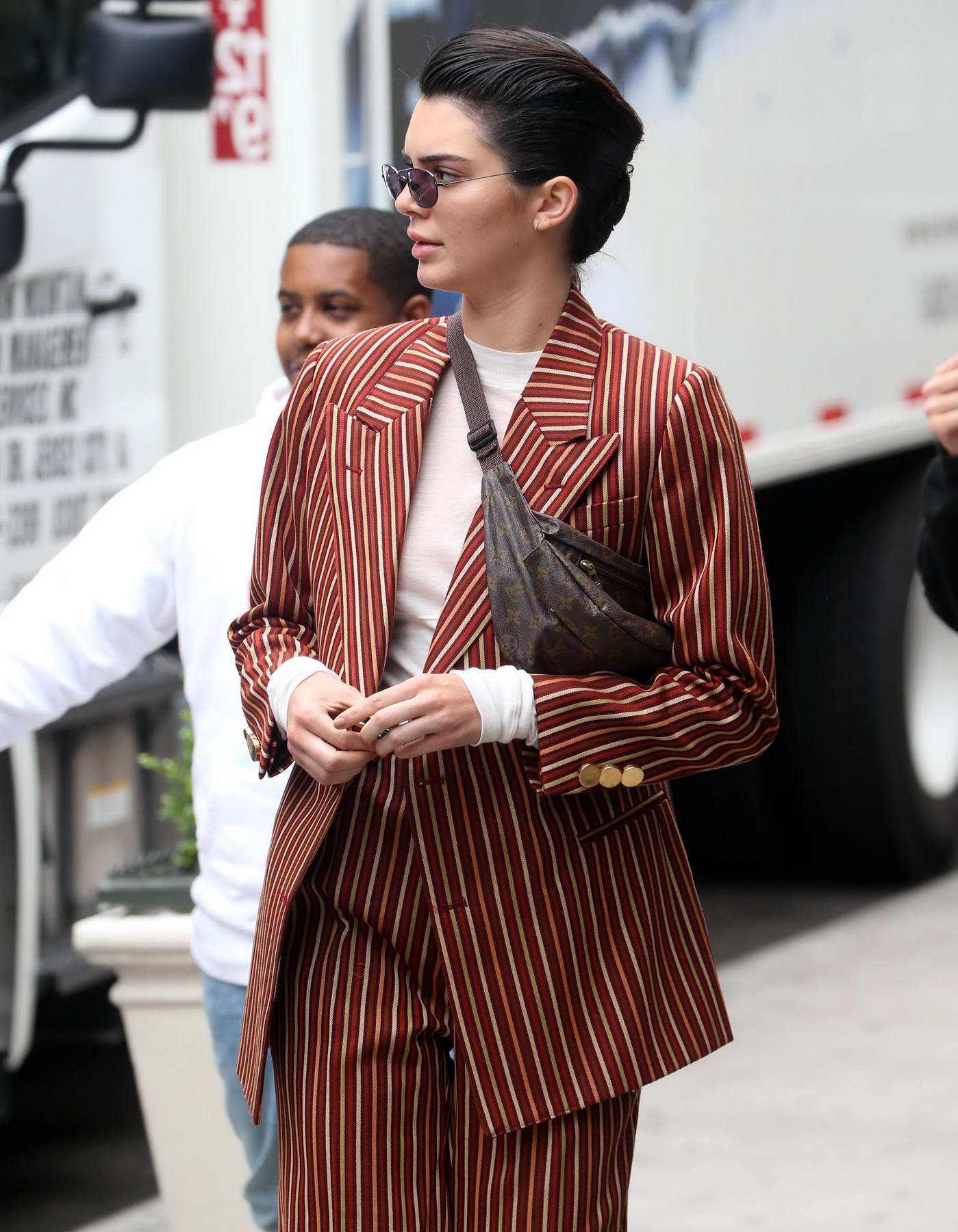 Kendall Jenner in Stripped Suit out and about in New York