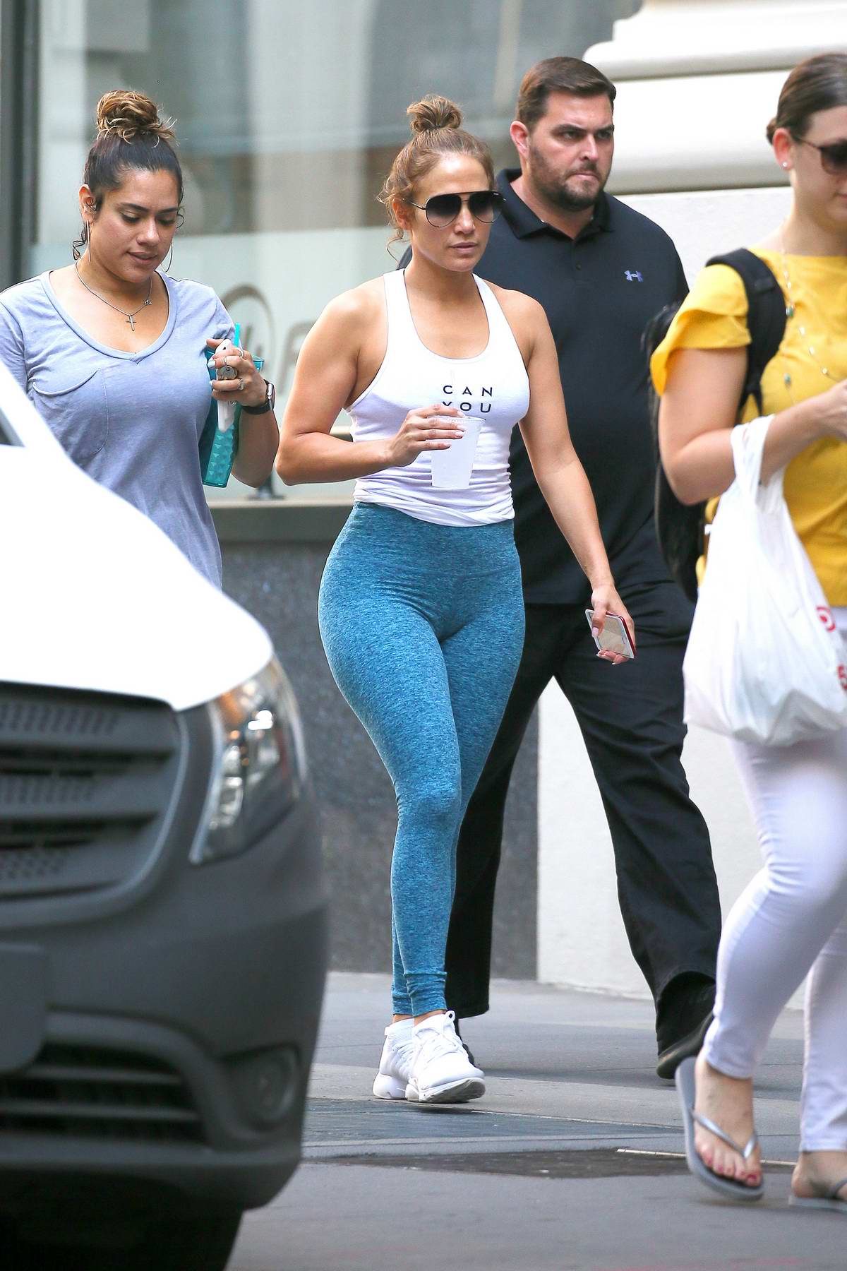 Jennifer Lopez In A Tank Top And Blue Leggings Leaving The Gym After Her Morning Workout In