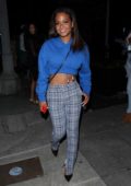 Christina Milian wears a blue plaid pants as she and her boyfriend dine at Catch restaurant in West Hollywood