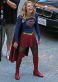 Melissa Benoist working on a scene for an upcoming Supergirl episode in Vancouver, British Columbia, Canada