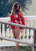 Vicky Pattison filming new TV show wearing red playsuit on beach in Spain