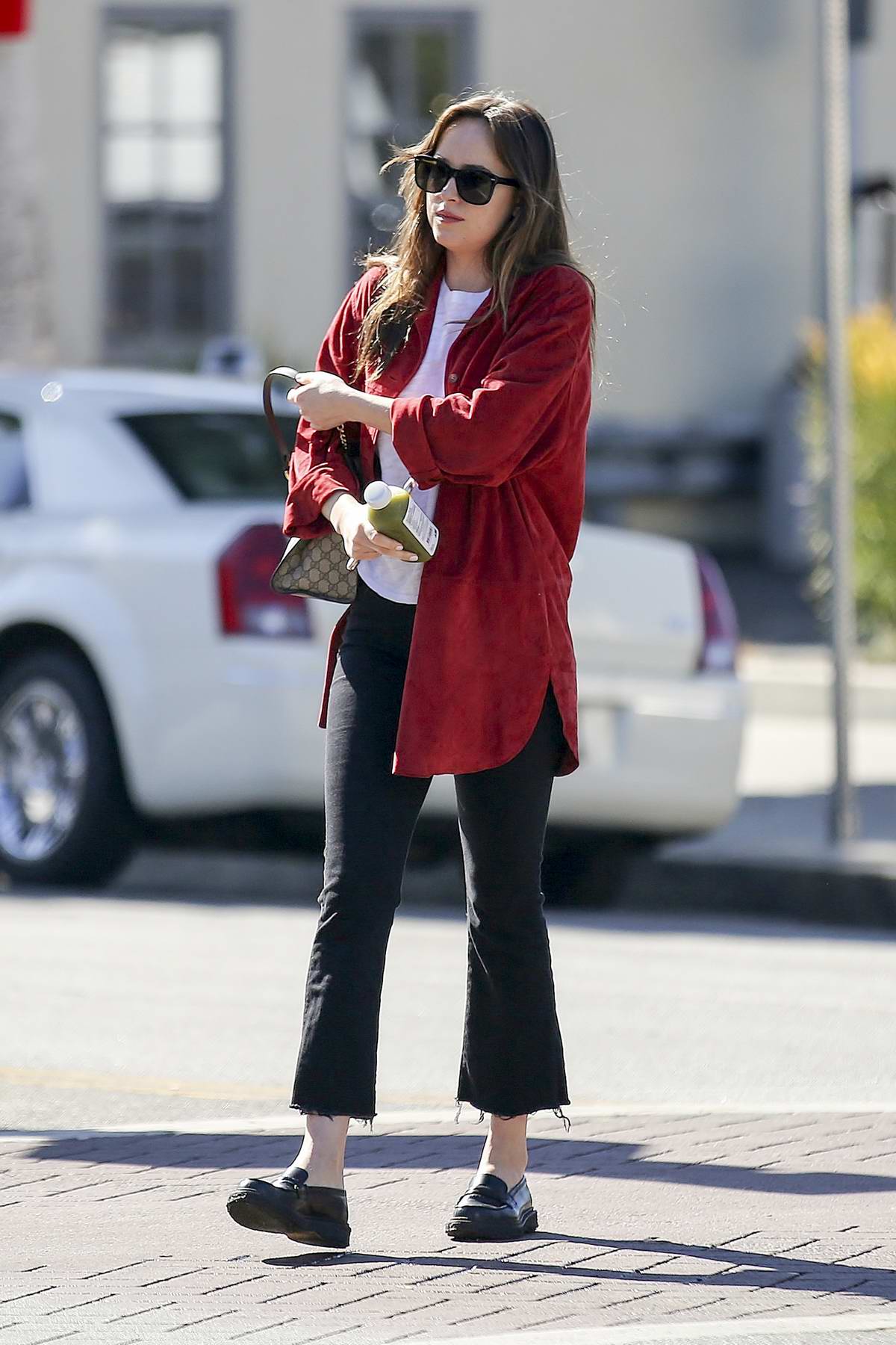 Gucci: Dakota Johnson Wearing Gucci And Carrying A Gucci Horsebit Chain  Shoulder Bag - Luxferity