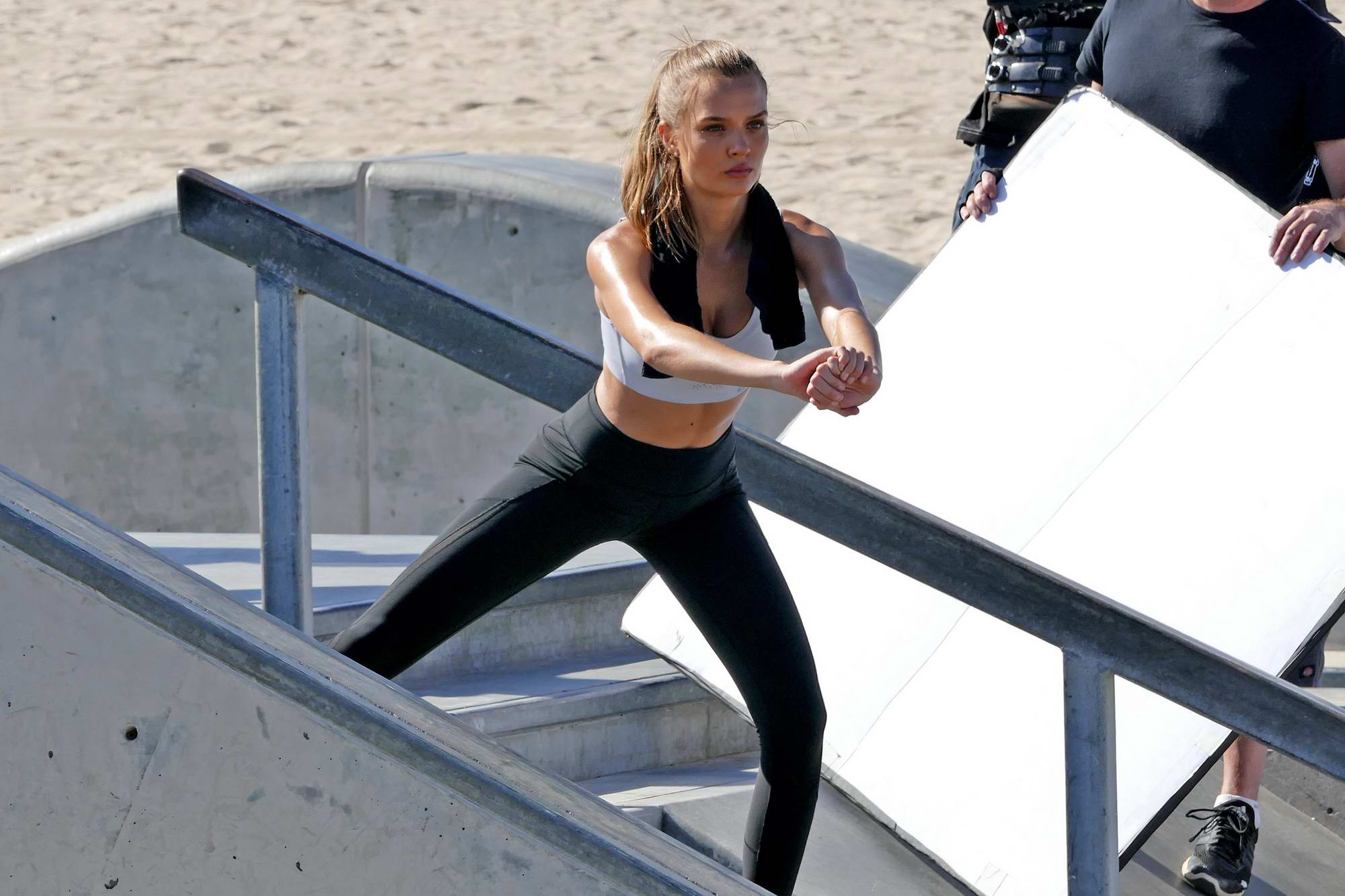Josephine Skriver and Jasmine Tookes on a photoshoot for Victoria Sport at  Venice beach, Los Angeles