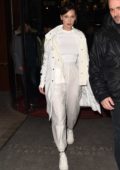 Bella Hadid wears an all white ensemble as she leaves for a night out in Paris, France