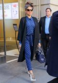 Eva Mendes spotted leaving an office building wearing a blue polka dotted jumpsuit in New York City