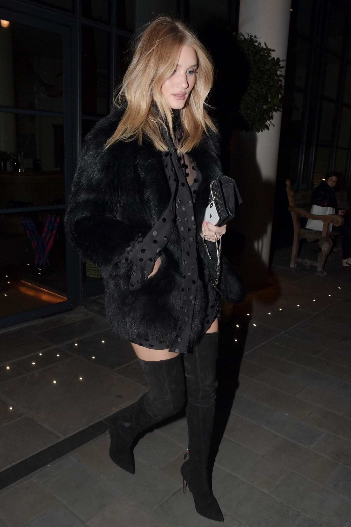 rosie huntington-whiteley wearing a black fur coat with black thigh ...