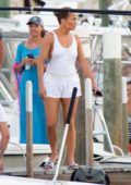 Jennifer Lopez wears a short white outfit during boat outing with her family to celebrate her birthday week in Nassau, The Bahamas