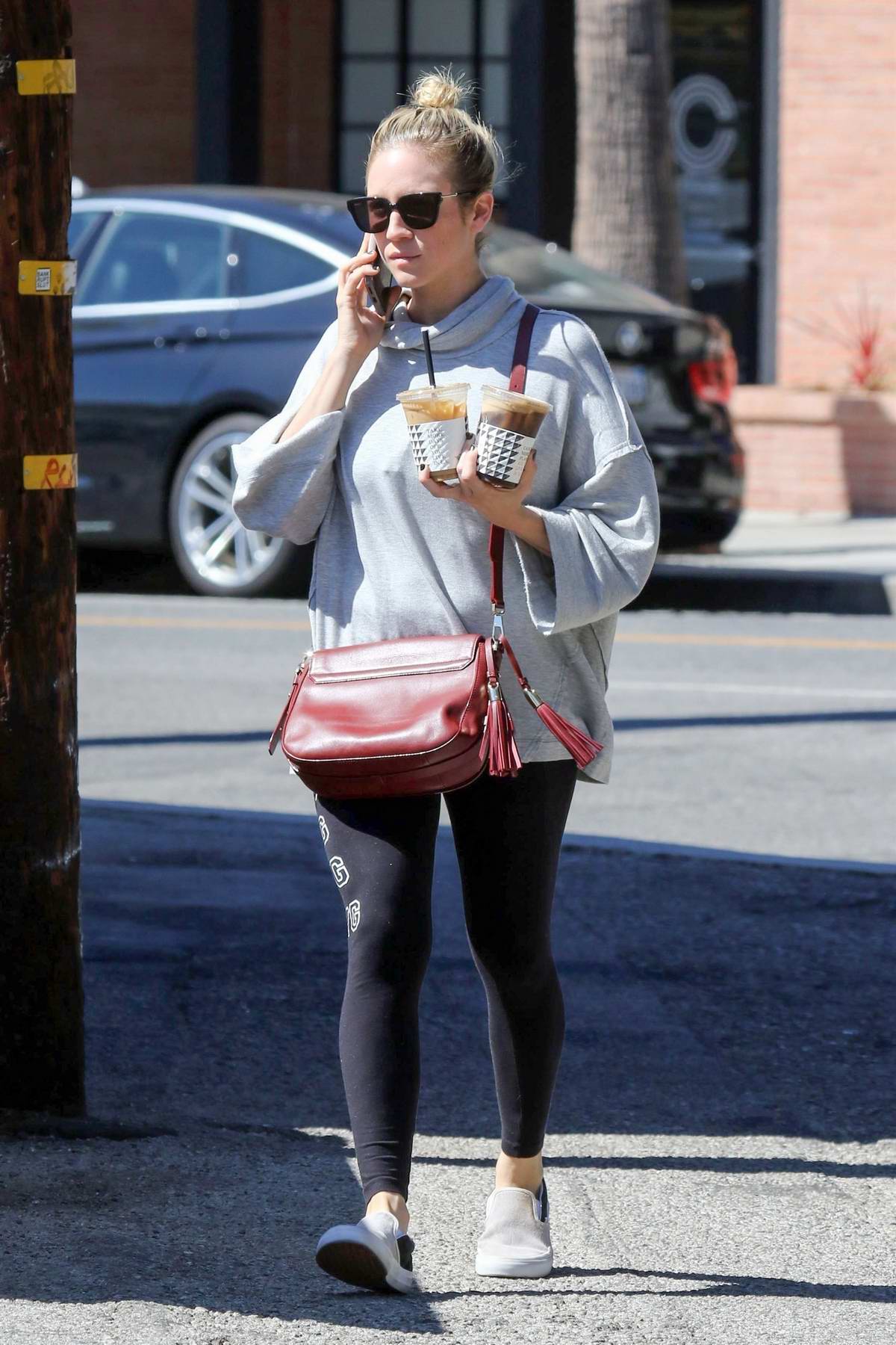 Brittany Snow steps out in grey sweatshirt and black leggings as she makes  a coffee run