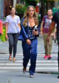 Sarah Jessica Parker spotted in blue silk pantsuit while out in New York City