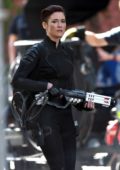 Chyler Leigh seen in her costume while filming some action scenes on the set of 'Supergirl' in Vancouver, Canada