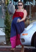Hilary Duff looks lovely in a colorful dress during her trip to the nail salon in West Hollywood, Los Angeles