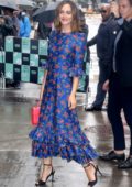 Leighton Meester wears a blue floral dress while visiting the Build Series in New York City
