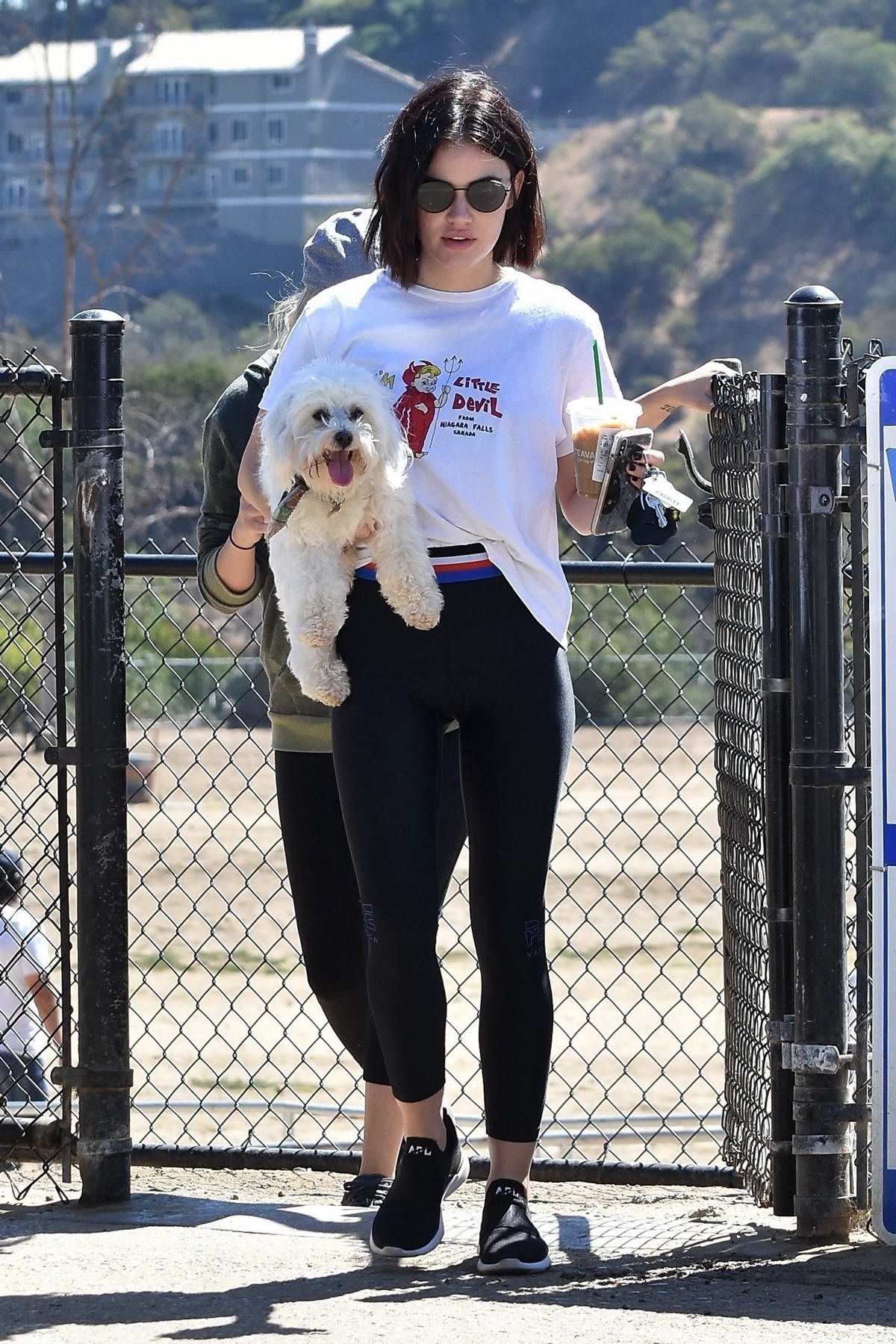 Lucy Hale enjoys her Sunday morning with her pup at a dog park in Los