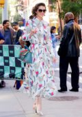 Mary Elizabeth Winstead spotted in a white and pink patterned dress outside the AOL Build Studios in New York City