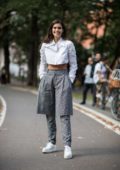 Sara Sampaio looks chic in white and grey while out during Milan Fashion Week in Milan, Italy