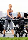 Claire Danes stays in shape while power walking with her newborn baby through Hudson River Park in New York City