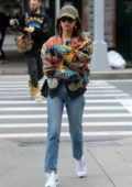 Emily Ratajkowski seen wearing a colorful patterned jacket while out on a stroll in New York City