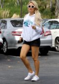 Holly Madison steps out in a white sweatshirt and denim shorts while running errands in Malibu, California