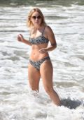 Tanya Burr wears a patterned bikini as she enjoys the beach in Santa Monica, California