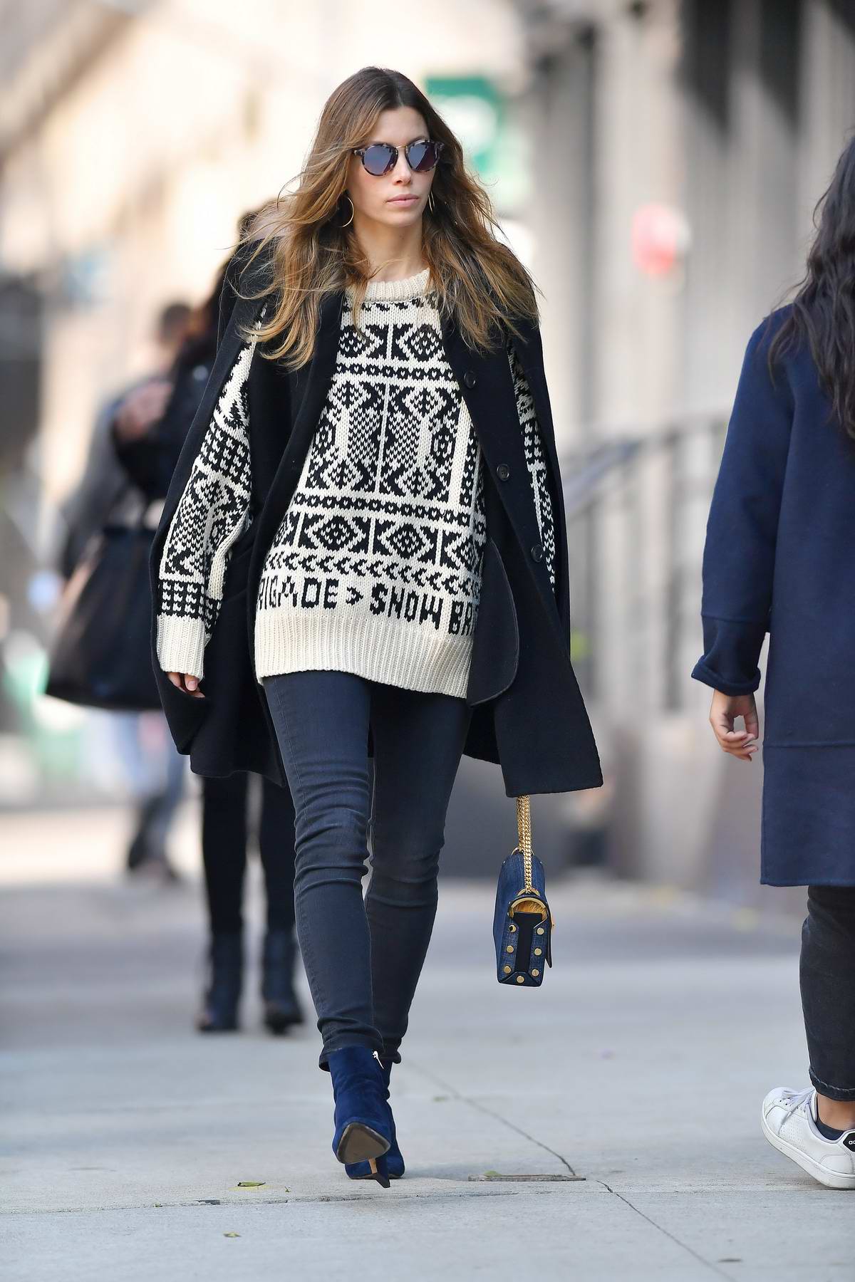 jessica biel wears a patterned beige sweater and skinny jeans while out ...