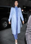 Morena Baccarin seen in an all purple ensemble as she arrives at NBC's New York Live in New York City