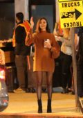 Olivia Culpo spotted in a brown sweater dress, outside Tenmasa restaurant on Sunset Boulevard in Los Angeles