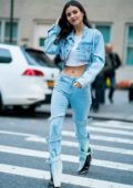 Victoria Justice rocks a denim look in a cropped denim jacket and flared jeans while out and about in New York City