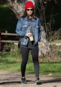 Kate Mara spotted in a denim jacket, black leggings and a red beanie while out for a hike in Los Angeles