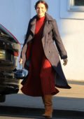 Mandy Moore spotted in a red pleated dress and brown boots as she leaves a beauty salon in Beverly Hills, Los Angeles
