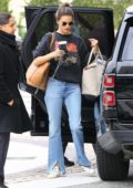 Alessandra Ambrosio keeps it trendy with a sweatshirt, jeans and white Golden Goose sneakers while arriving for a meeting in Beverly Hills, Los Angeles