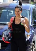 nikki bella rocks a black spandex jumpsuit and snakeskin boots while  visiting a friend in brentwood, california-290220_2