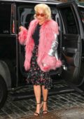 Rita Ora wears a pink fur jacket, black top and floral print skirt as she arrives to perform at 'Today' show in New York City