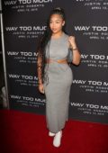 Jordyn Woods dons form-fitting grey dress as she attends the release of Justin Roberts' Way Too Much in Los Angeles