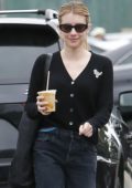 emma roberts wears a knitted yellow cardigan and denim shorts during a  shopping trip to louis vuitton in los angeles-080719_7
