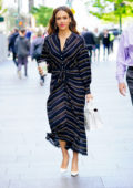 Jessica Alba looks lovely in a striped black dress as she leaves Buzzfeed during her promo tour in New York City