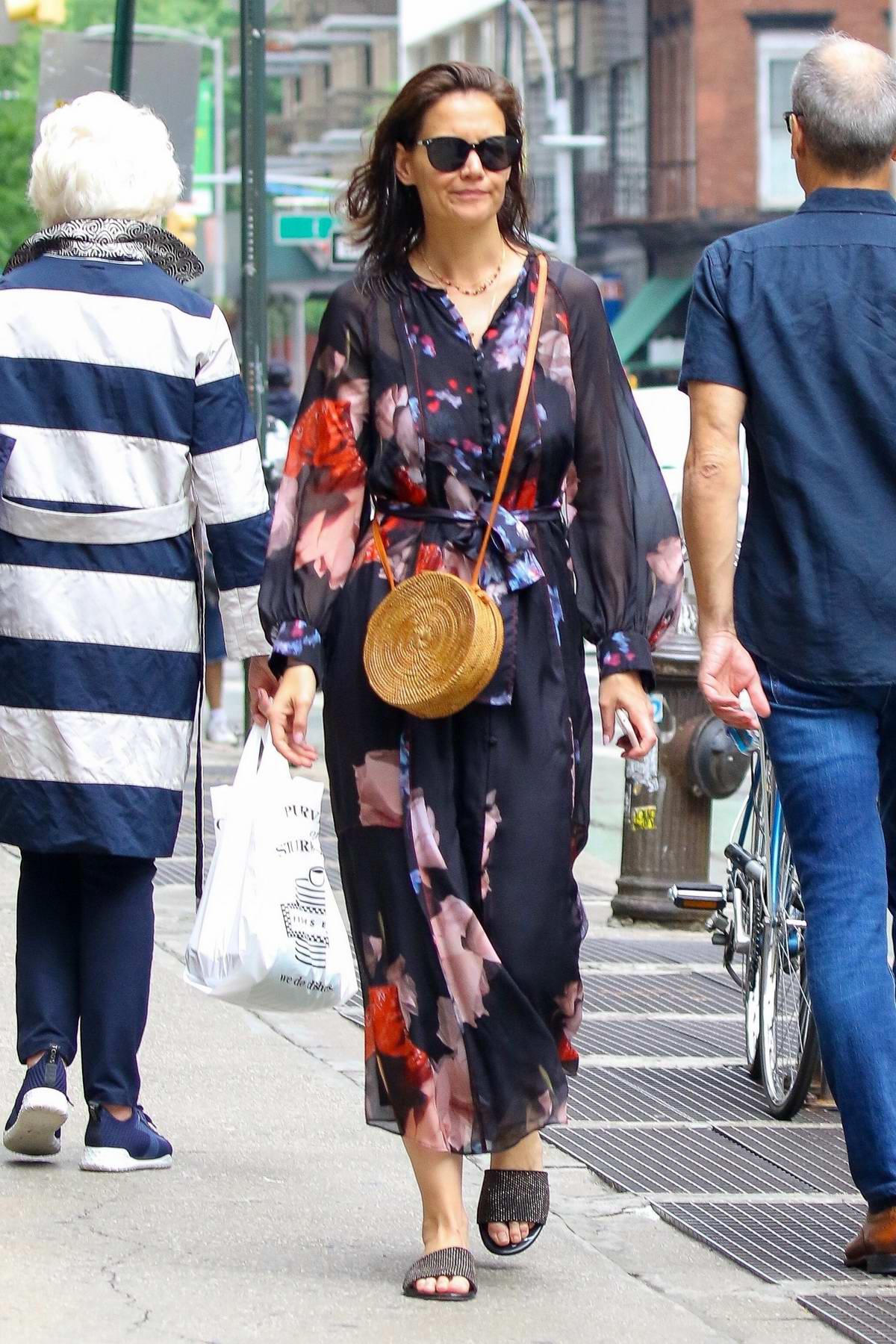 Katie Holmes' NYC Street Style: Floral Philipp Dress, Pleated