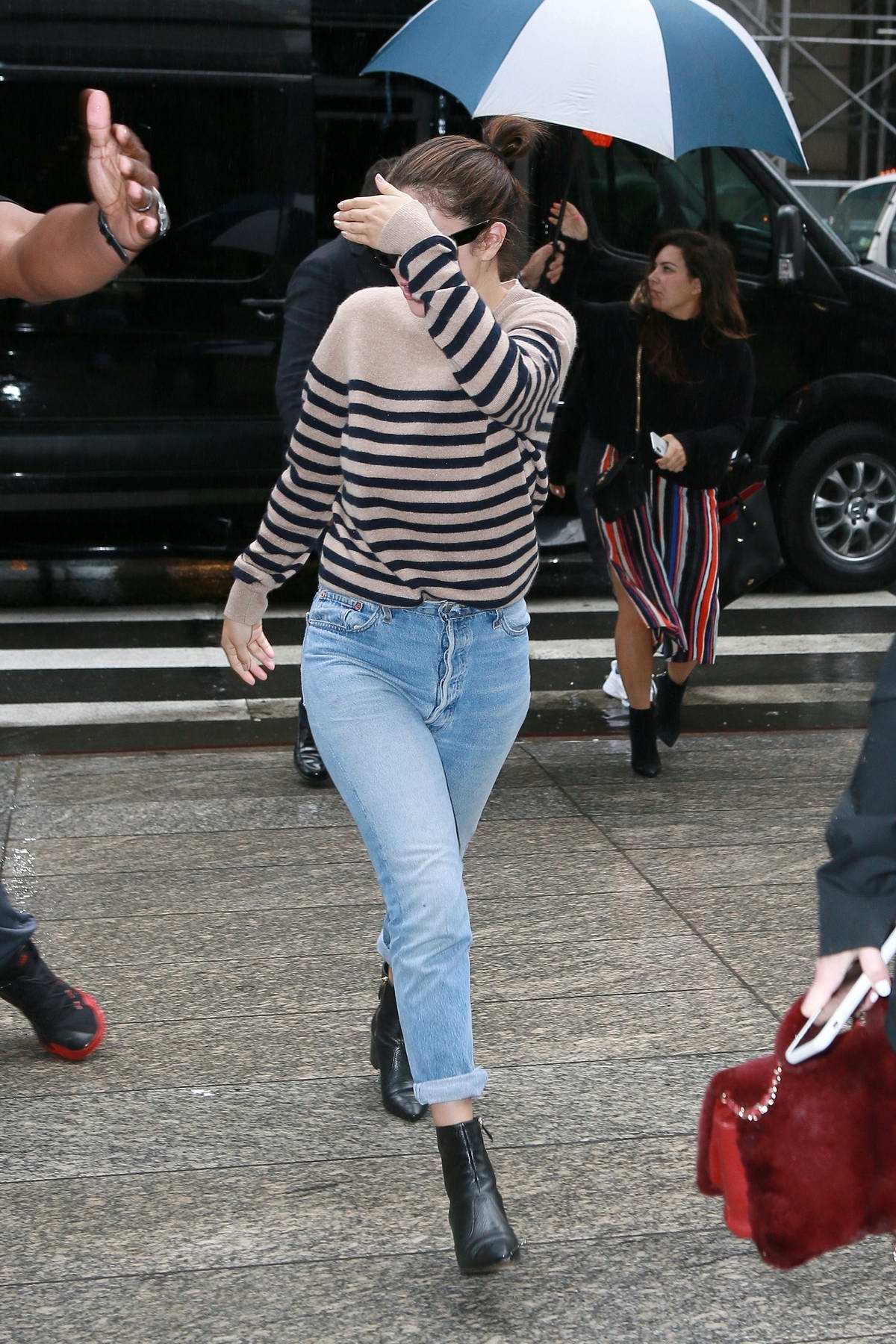 Selena Gomez: Polo Sweater, Zebra Pants