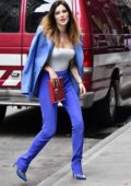 Bella Thorne wears a purple Mugler pantsuit while promoting her new book in New York City