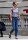 Katie Holmes dressed casual in a grey t-shirt and blue jeans while out in New York City