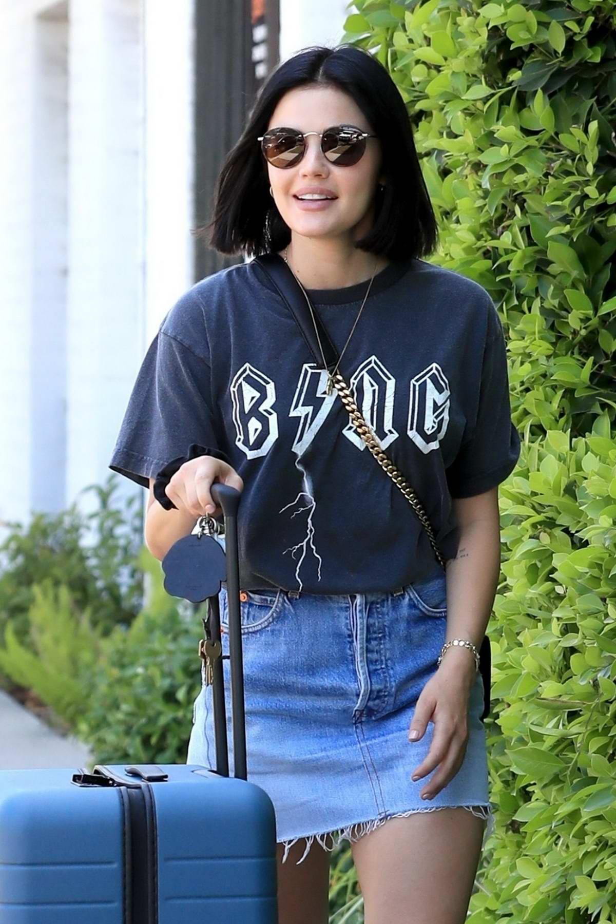 lucy hale spotted in a t-shirt and denim miniskirt as she heads out ...