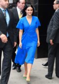 Camila Mendes looks great in a blue dress while visiting Good Morning America in New York City
