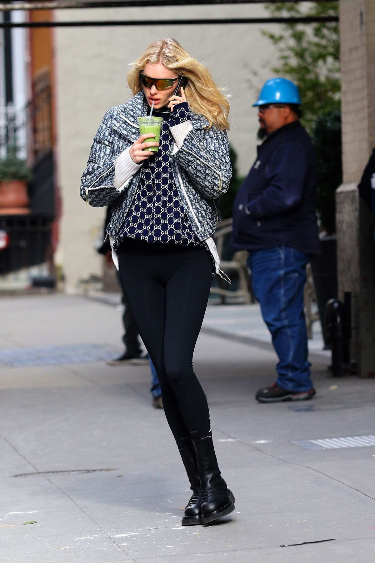 elsa hosk looks stylish in a dior jacket with patterned sweater and leggings  while out for a healthy drink in new york city-141119_2
