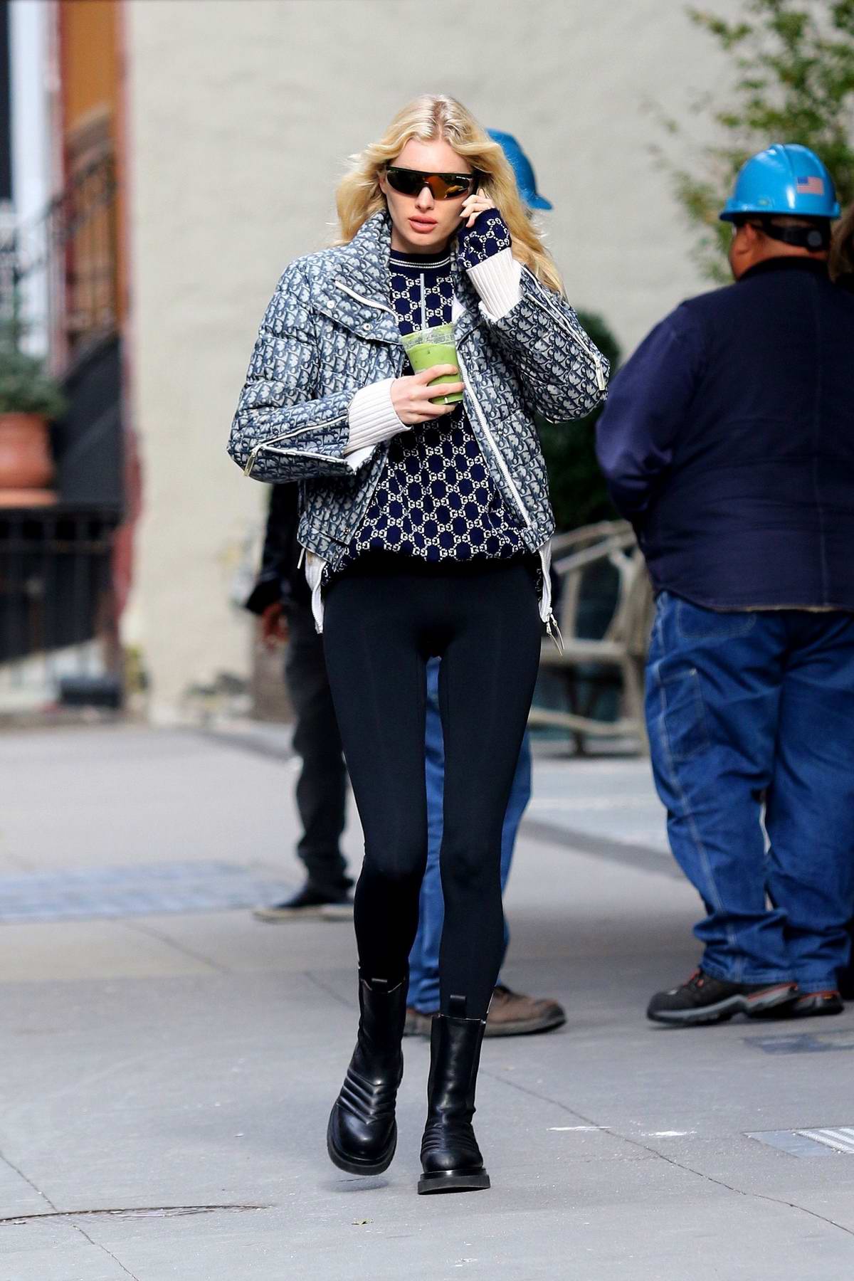 Elsa Hosk looks stylish in a Dior jacket with patterned sweater and leggings  while out for