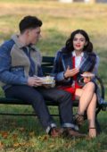 Lucy Hale and Zane holtz enjoy their lunch on Park bench while filming 'Katy Keene' at the Fort Totten Park in New York
