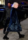 Lucy Boynton is all smiles as she visits 'Good Morning America' wearing a blue animal print coat in New York City