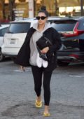 Shay Mitchell spotted in a grey hoodie, black jacket and leggings as she leaves after a pedicure in Los Angeles