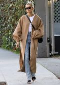 hailey bieber wears a beige long coat and nike air force 1s as she steps  out in los angeles-040220_4