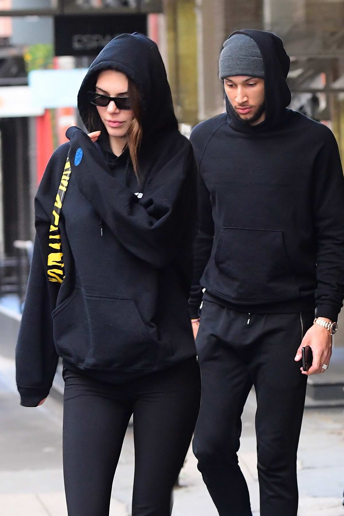 kendall jenner sports a black sweatshirt with matching leggings while  shopping at goyard in beverly hills, los angeles-101219_7